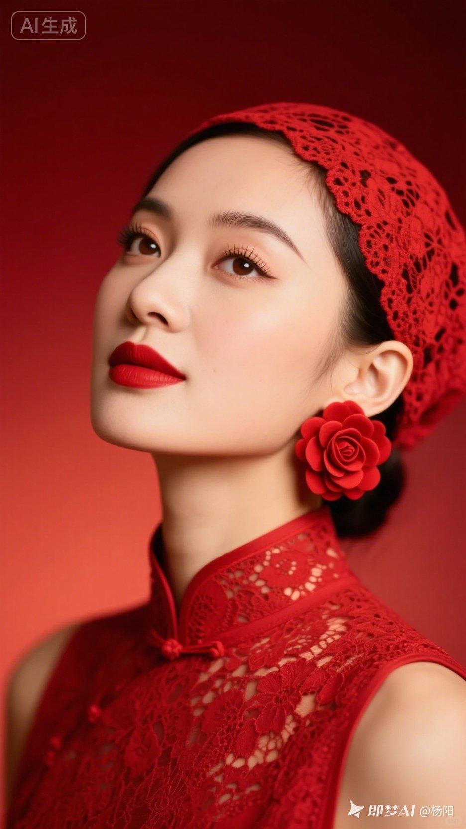 复古红衣美人，优雅蕾丝与玫瑰的完美结合