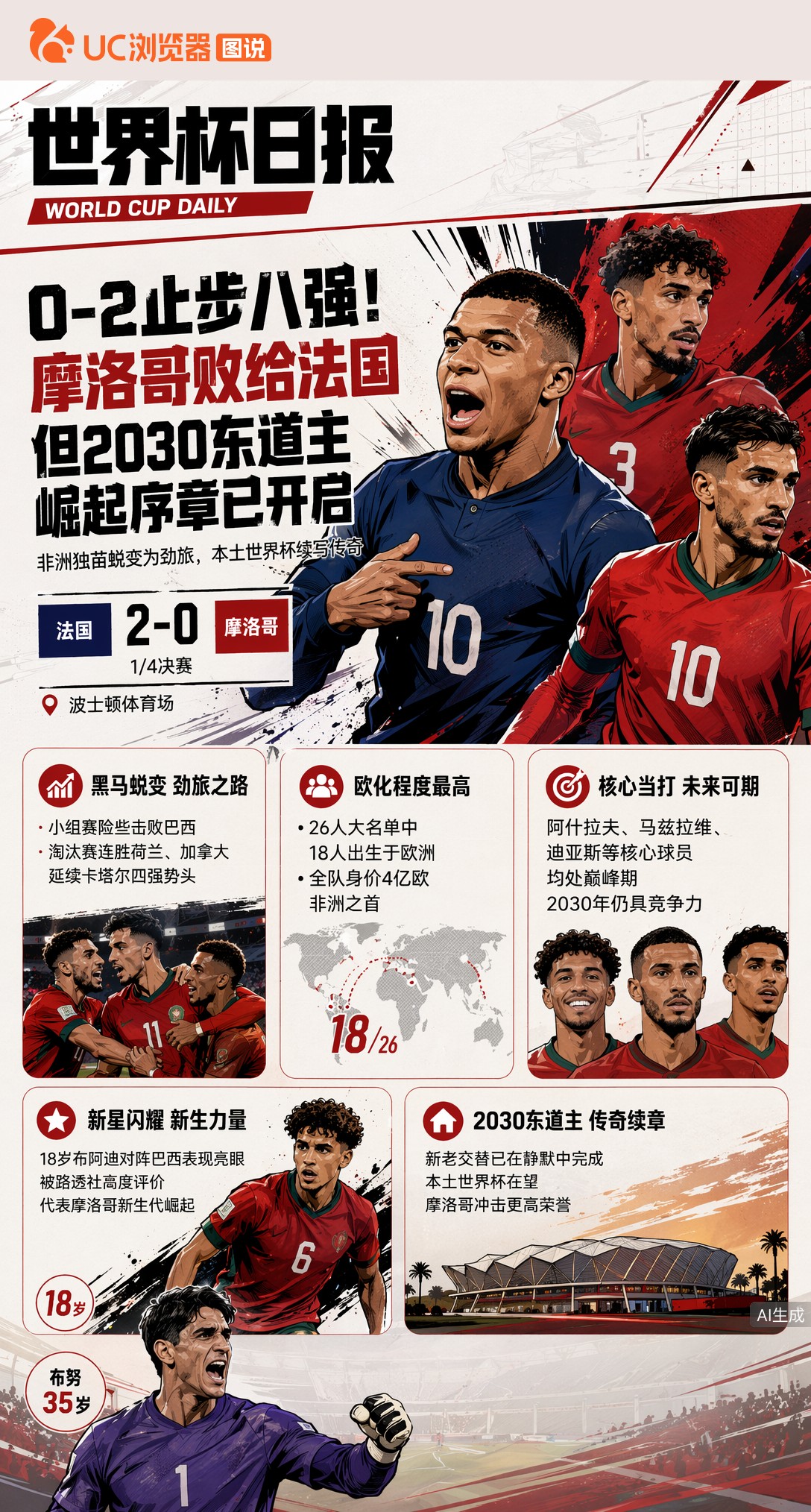 0-2止步八强！摩洛哥败给法国，但2030东道主崛起序章已开启