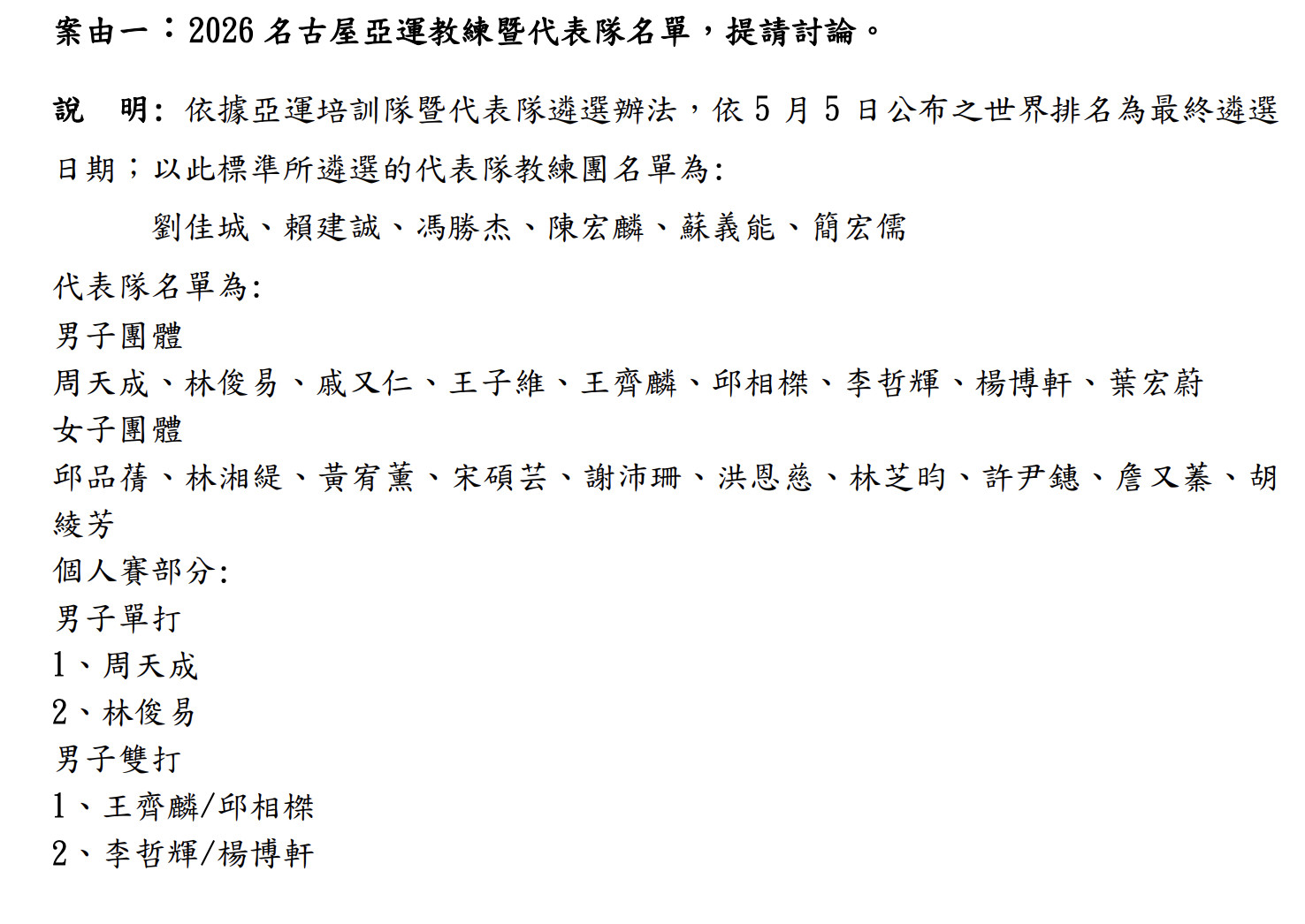 中国台北队亚运会参赛名单：因杨博轩兼项，男团名单增加刘广珩男单：周天成、林俊易、