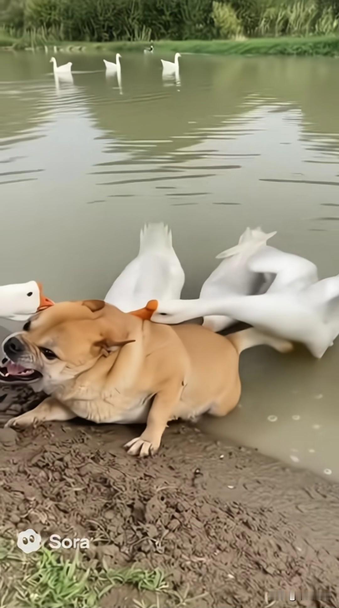 这只黄狗究竟犯下何种恶行，竟引得几只大白公鹅如此欺辱于它？将它拖入水中，使其毫无