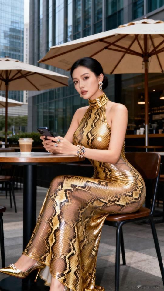一张桌子，一杯咖啡，美女正在看手机，突然，感觉到我正拍她，把眼看了过来。四目相对