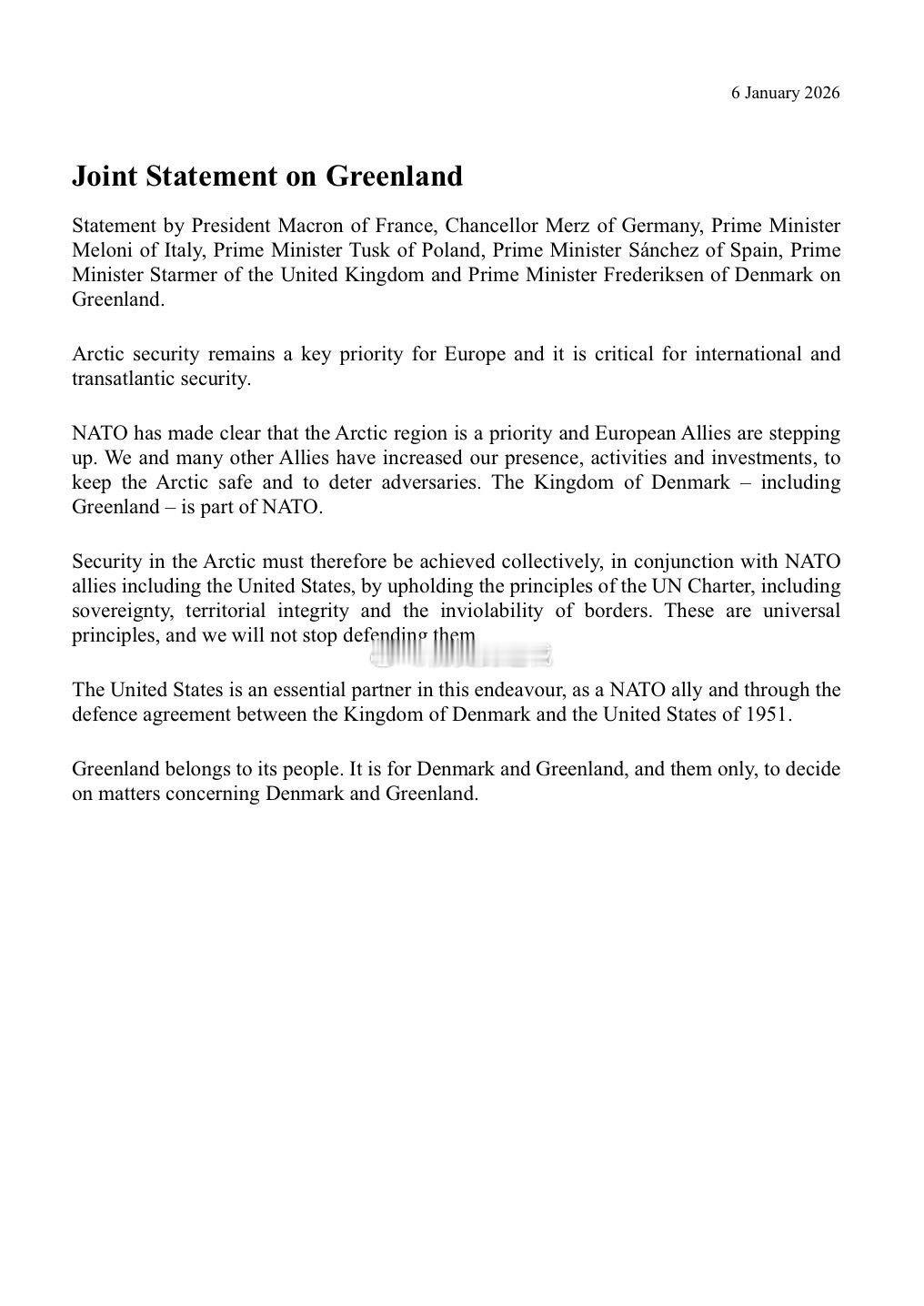 英法德意等欧洲七国领导人联合声明1月6日，法国总统马克龙、德国总理默茨、意大利总
