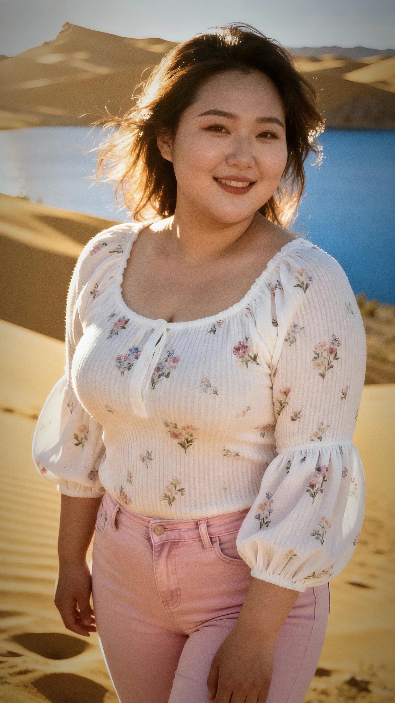 沙漠中的甜美笑容，花裙与沙丘的完美搭配沙漠拍照裙子沙漠公主裙微胖