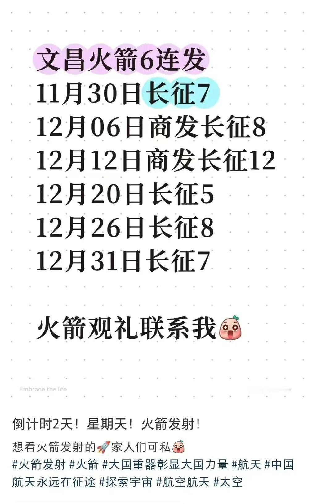 厉害了，海南文昌火箭六连发，除去昨晚已经发射的长七甲，12月还要刷五枚大火箭，长