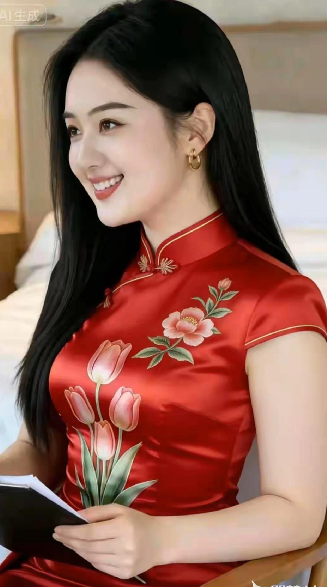 千种妩媚，万种风情。朱红旗袍，笑靥如花。沉鱼落雁，闭月羞花。月里嫦娥，仪态