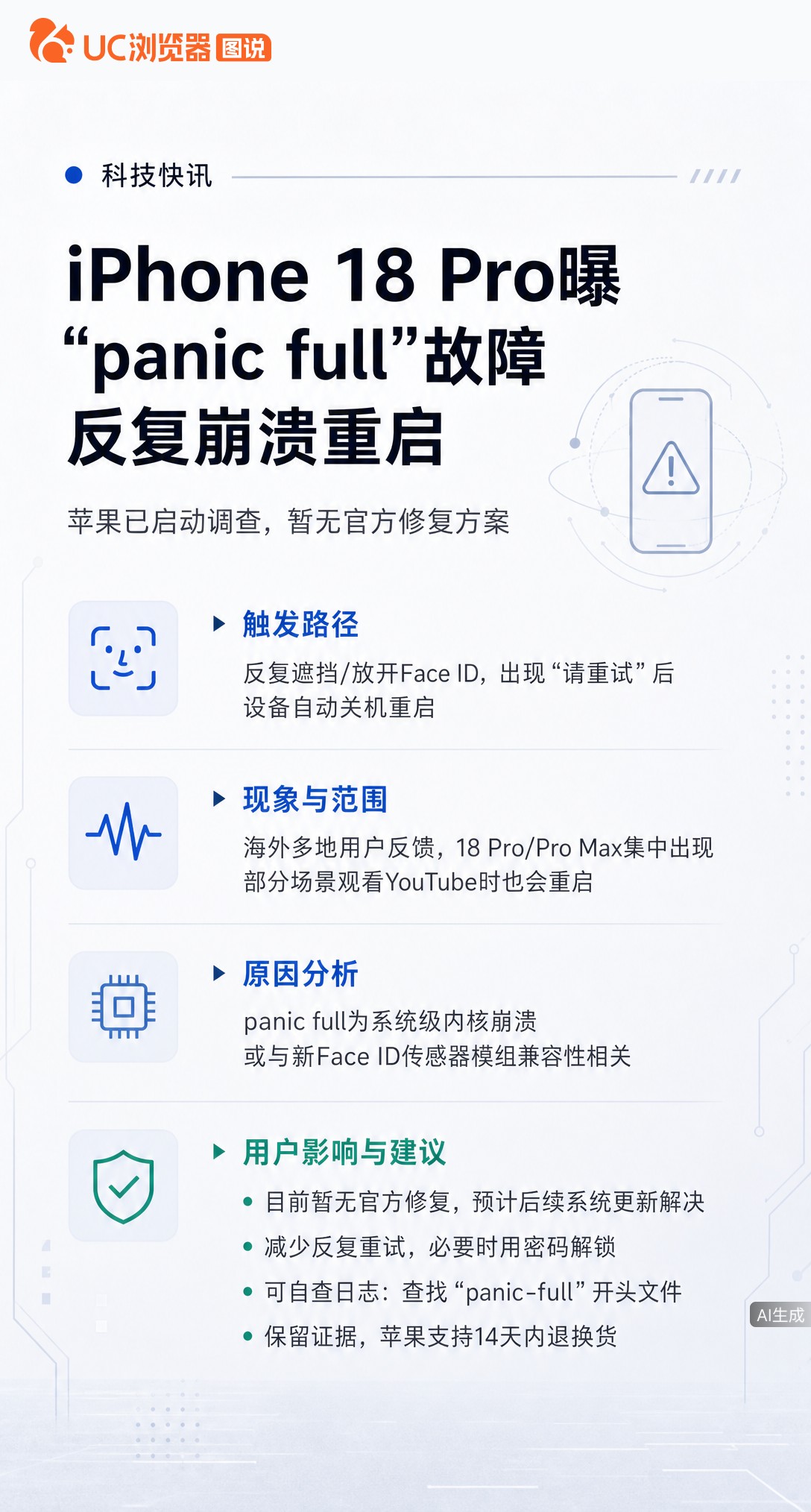 iPhone18Pro刚上市就曝内核崩溃重启，遮FaceID反复试就能触发。苹果已启动调查，暂无修复