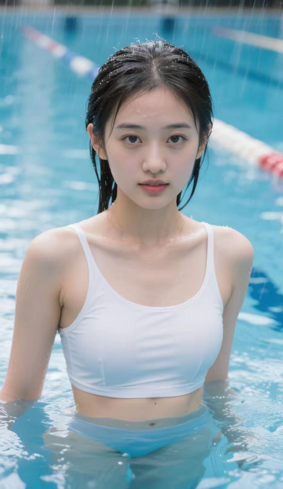 她在泳池里淋着雨，享受清凉。