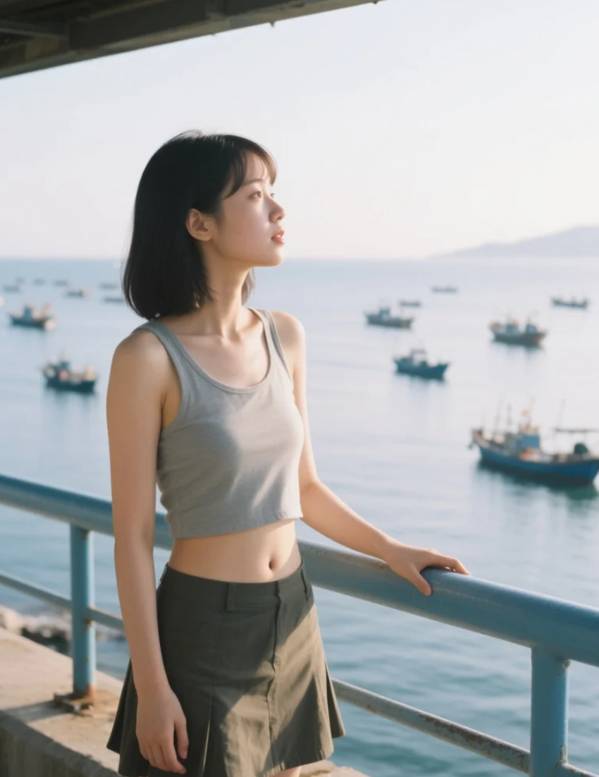观景台上的亚洲美女，欣赏远处船只的美景