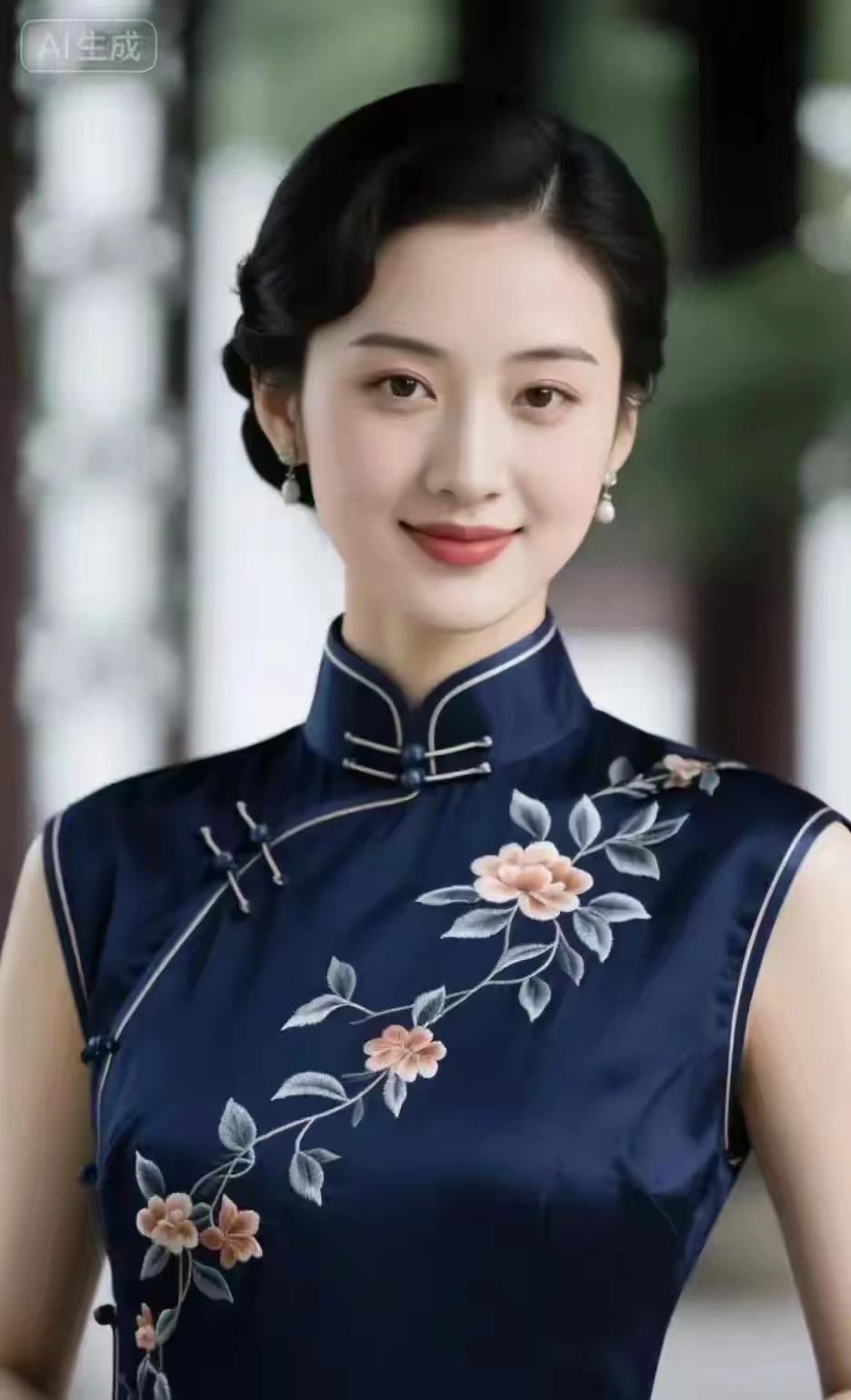 古典蓝色，旗袍美女温柔性感，国泰民安眉清目秀，美如冠玉国色天姿，仪态万