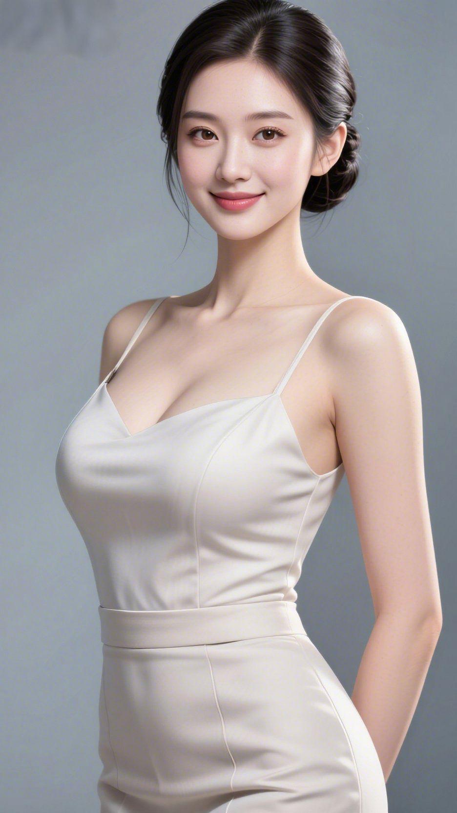 素裙凝光，静雅生姿浅灰的背景晕着柔缓的光，落在浅米色简约裙装的面料上，缎面