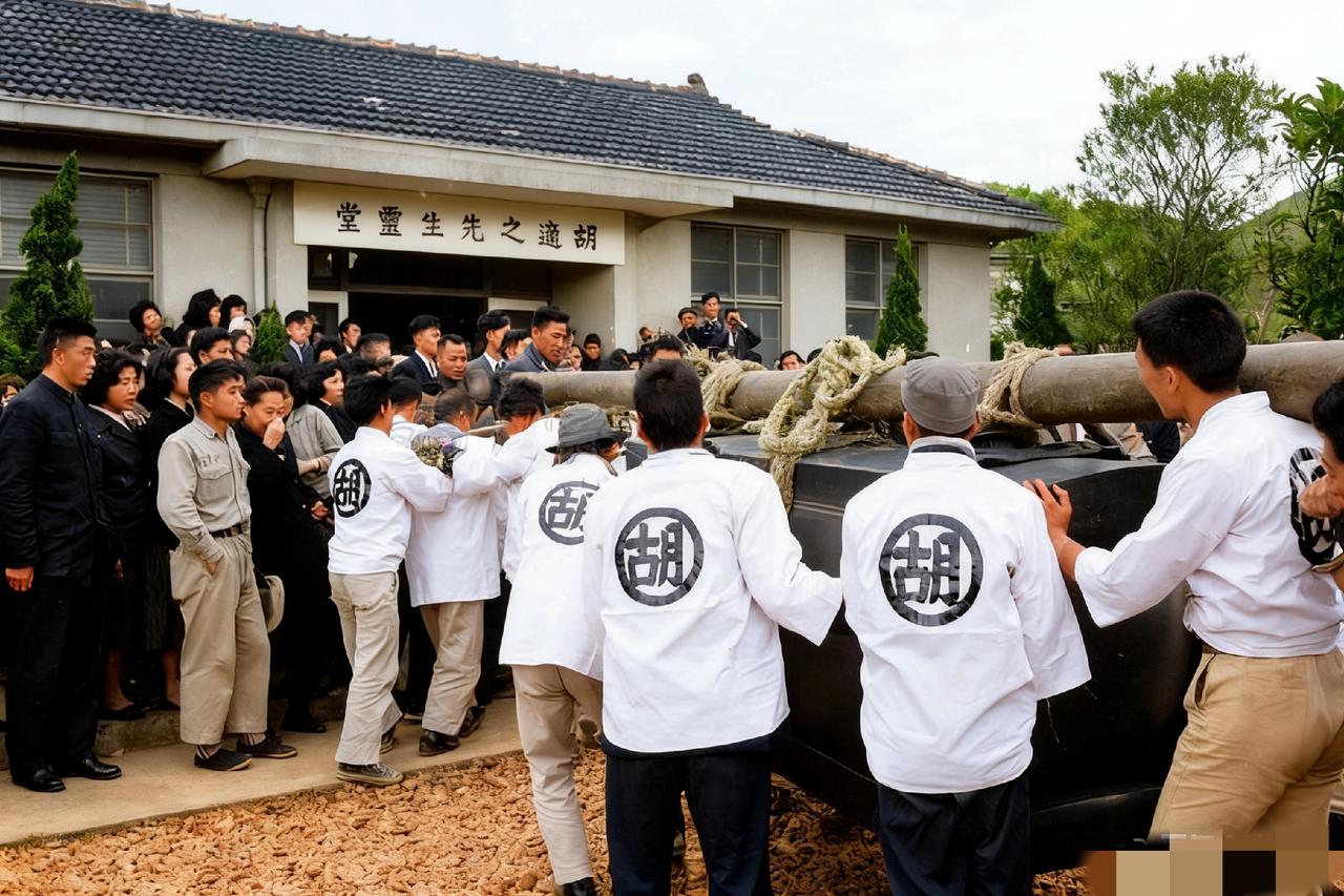 1962年，胡适出殡时，一张罕见的留影，画面中十几位抬棺人正抬着沉重的棺木，缓步