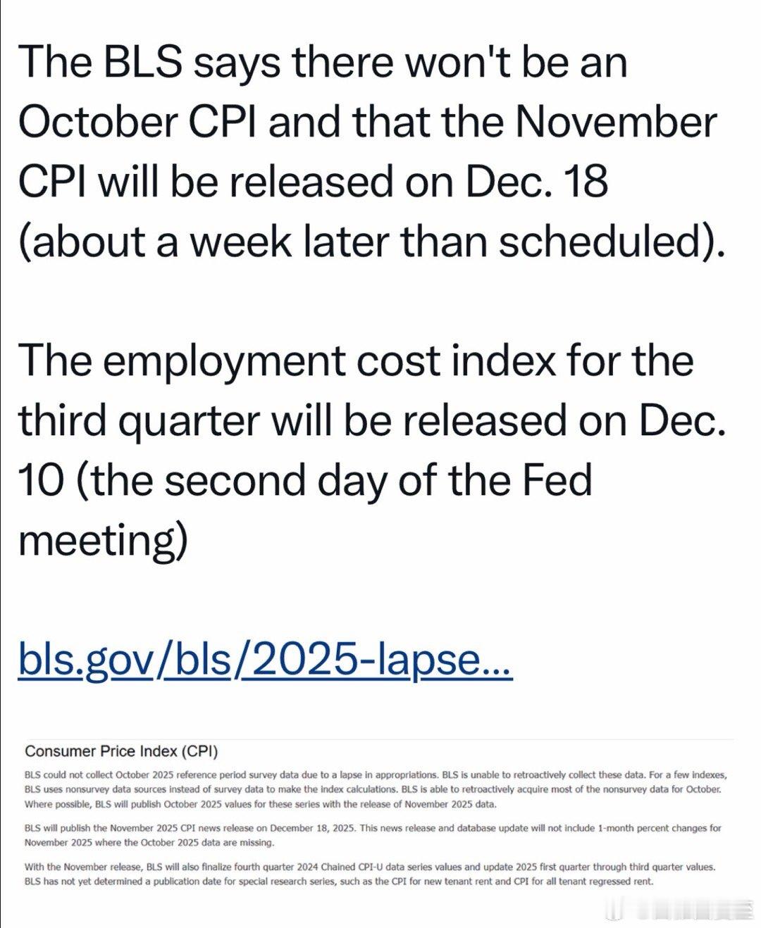 联邦政府宣布：不公布十月CPI通胀数据，因为“无法搜集数据”；十一月CPI，将在