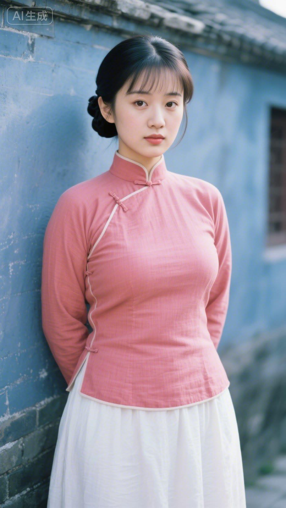 粉衣美人倚蓝墙，古韵悠然入画来。
