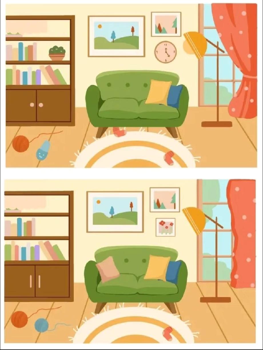 别吹自己眼神好了！这客厅图的4处不同，90%的人漏了最明显的那个…你找全了吗？