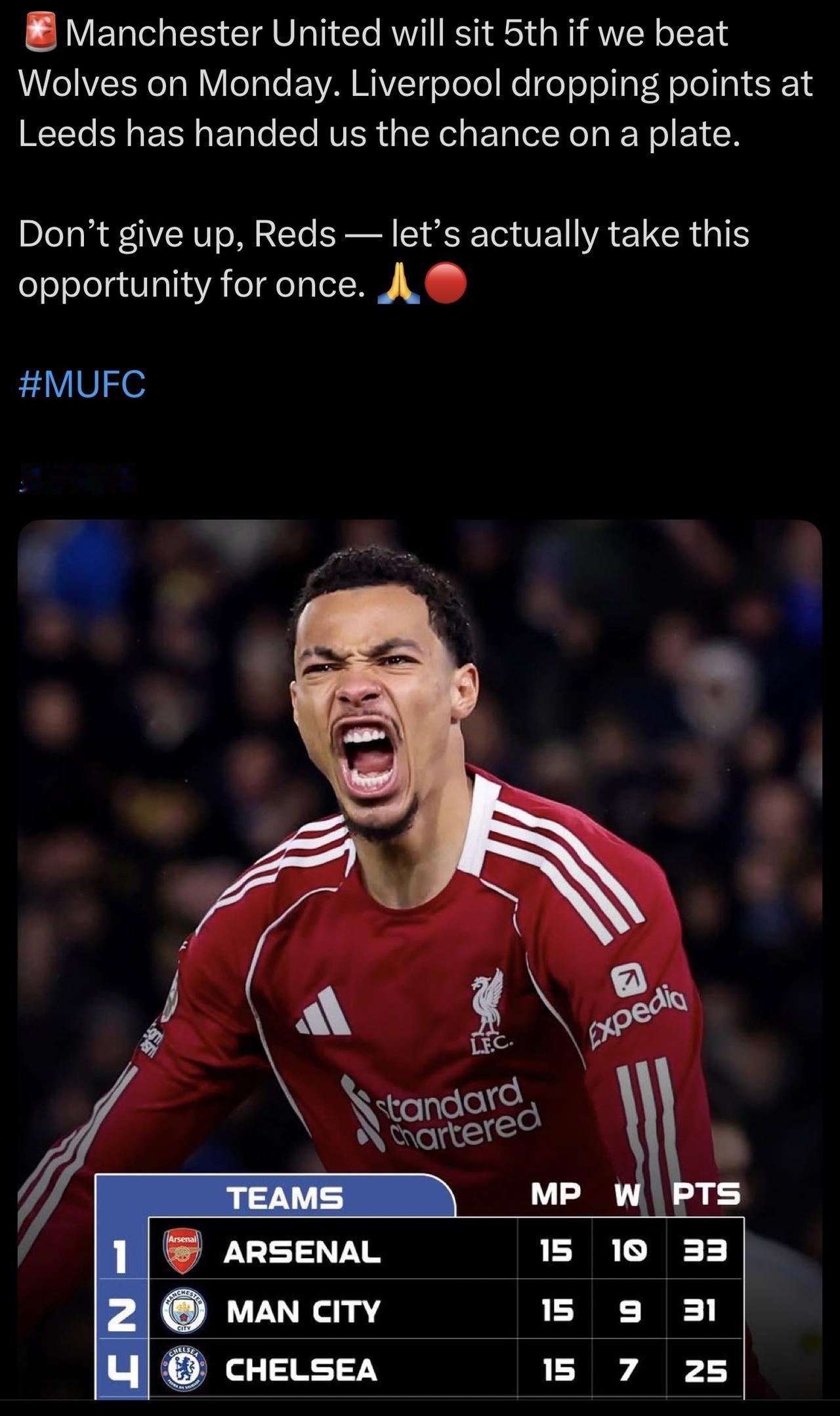 这个赛季，每次看到赢球就进前X的帖子，曼联都是非平既输[捂脸哭]。求求你们别奶了