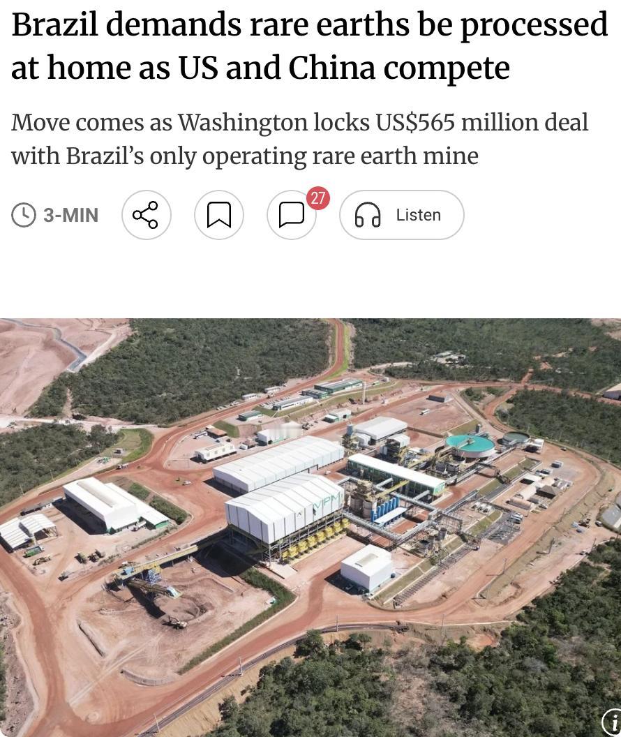外媒：巴西要求外国企业在本国加工稀土，以此作为获取其矿产资源的条件。巴西工业