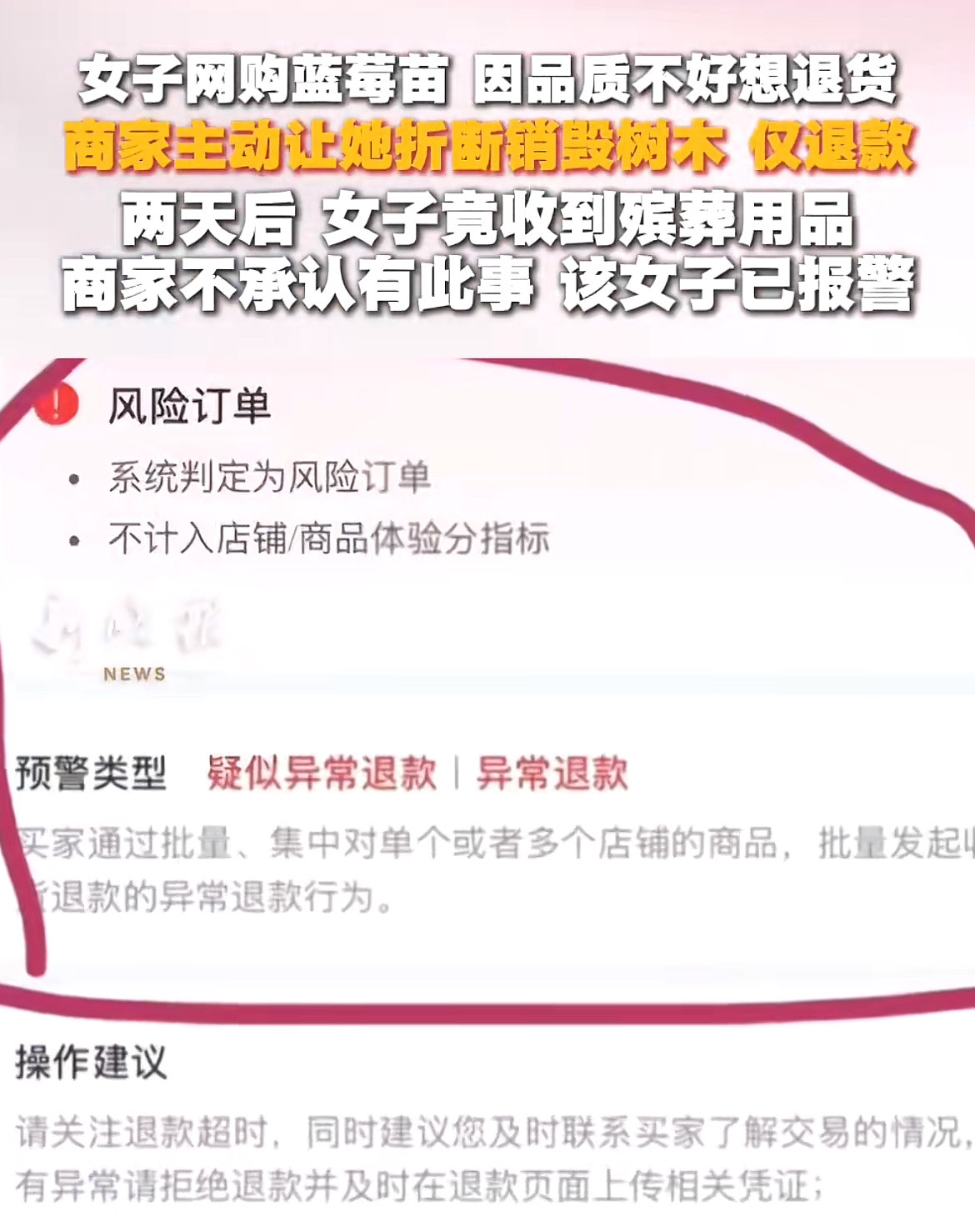 网购蓝莓苗选仅退款后收到殡葬用品都按要求折断了，按双方约定，好好退钱不就完了，这