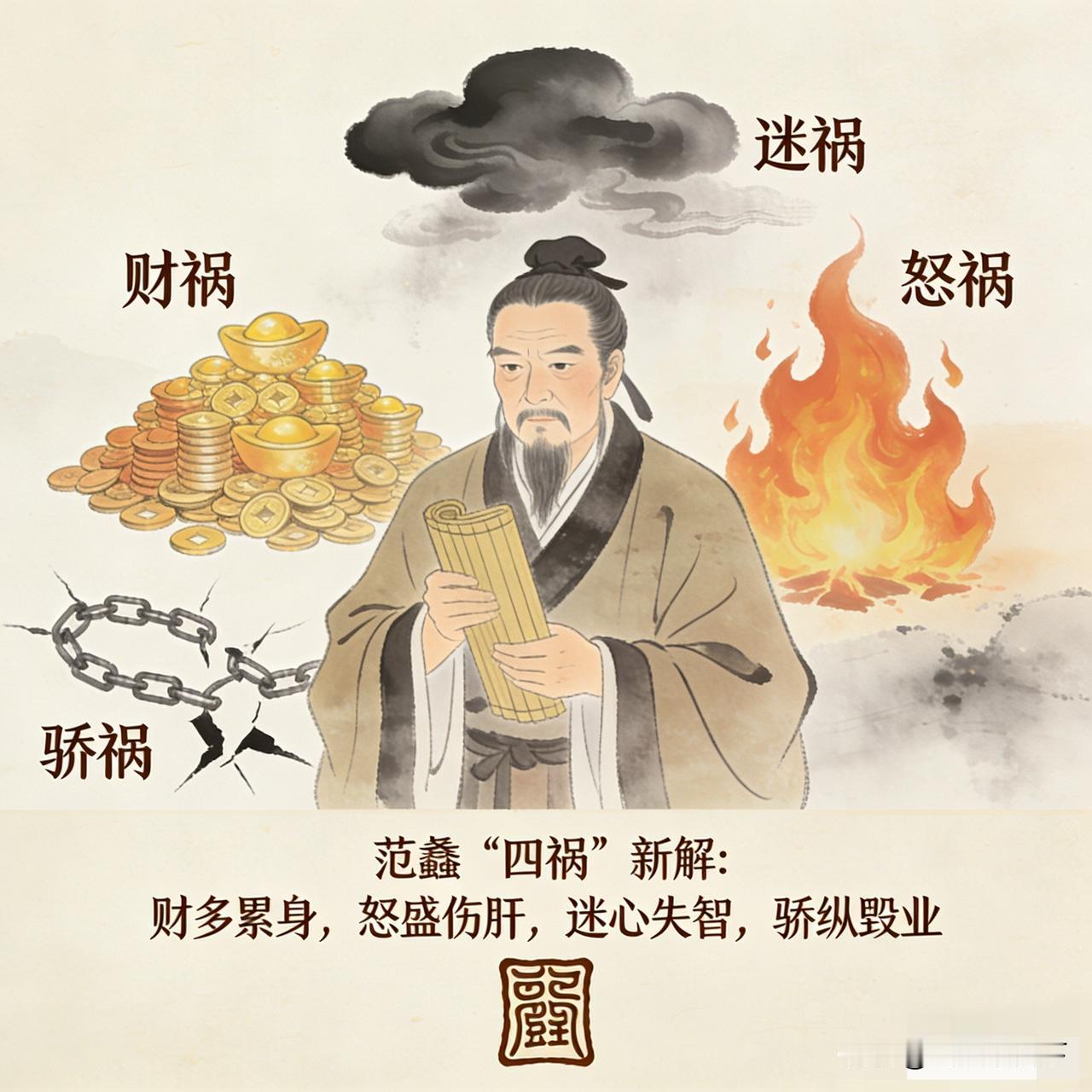 范蠡提出的“人避四患”：1. 言多必失，要慎语守心；2. 欲壑难填，当
