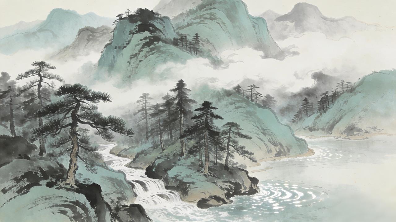 上联：青山藏画意，下联：碧水酿诗心上联描绘山林间处处皆是浑然天成的画作，下联