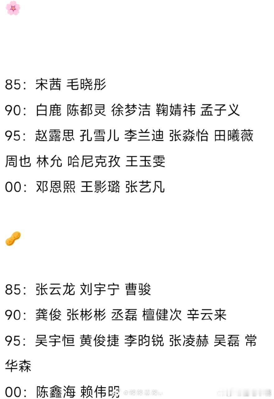 85花:宋茜毛晓彤90花:白鹿古力娜扎陈都灵徐梦洁鞠婧祎孟子义95花