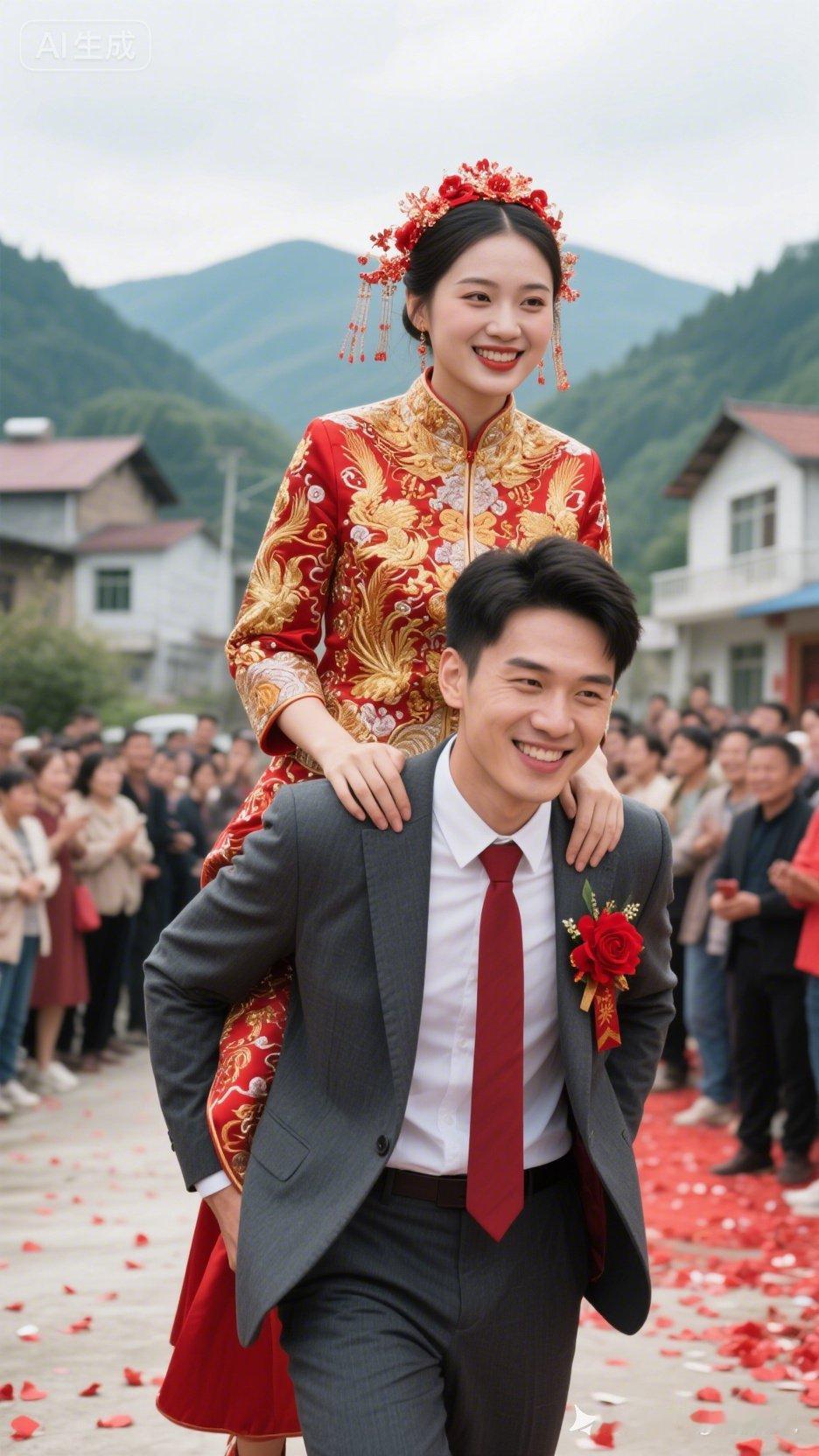 💍💐💕新郎背着新娘，幸福满满，周围是满满的祝福！