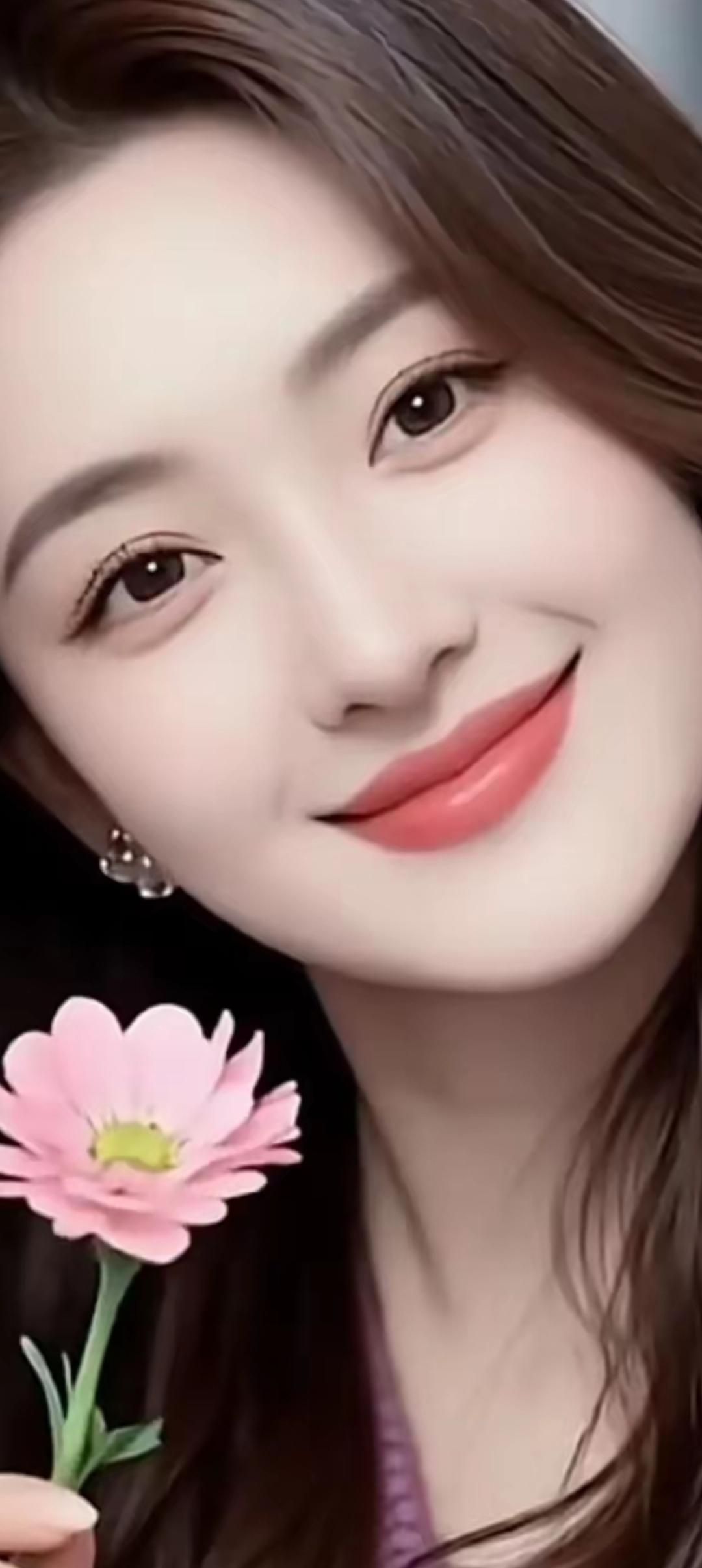 温柔微笑，手捧粉色花，少女心满满🌸😊