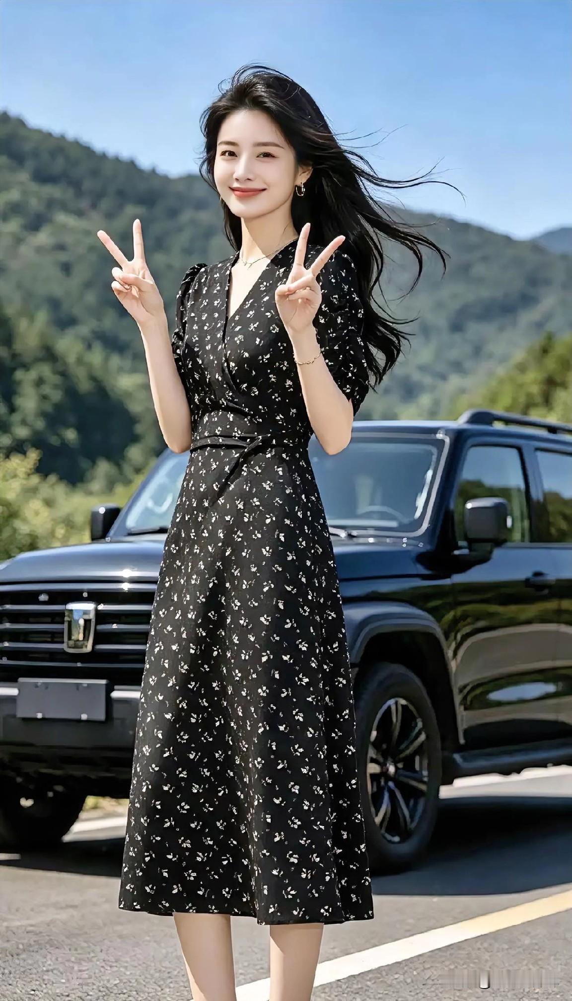 山风掠过发梢，她站成风景的诗。黑裙碎花轻颤，似星子落满夜的温柔。双腕比出