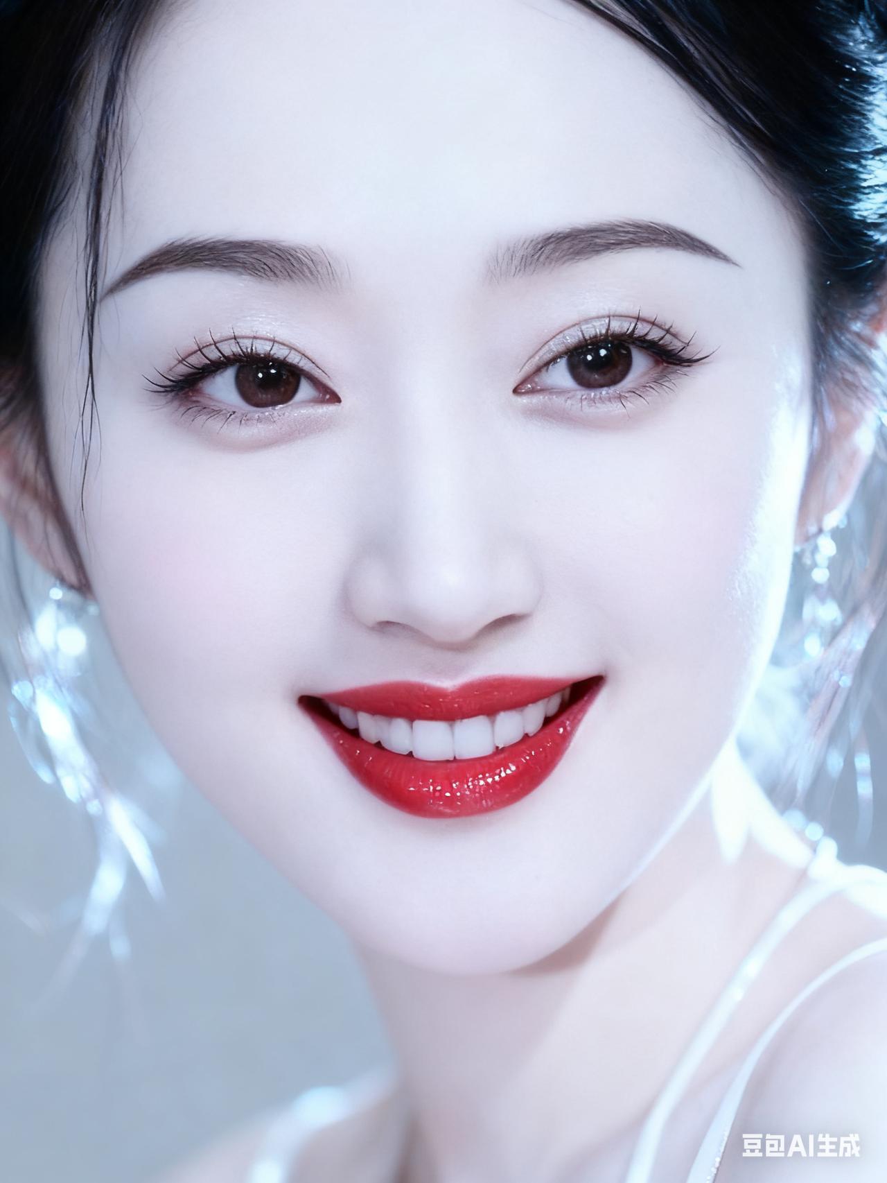 甜美笑容，白皙肌肤，红唇诱惑，时尚妆容，闪耀耳环，完美女神！