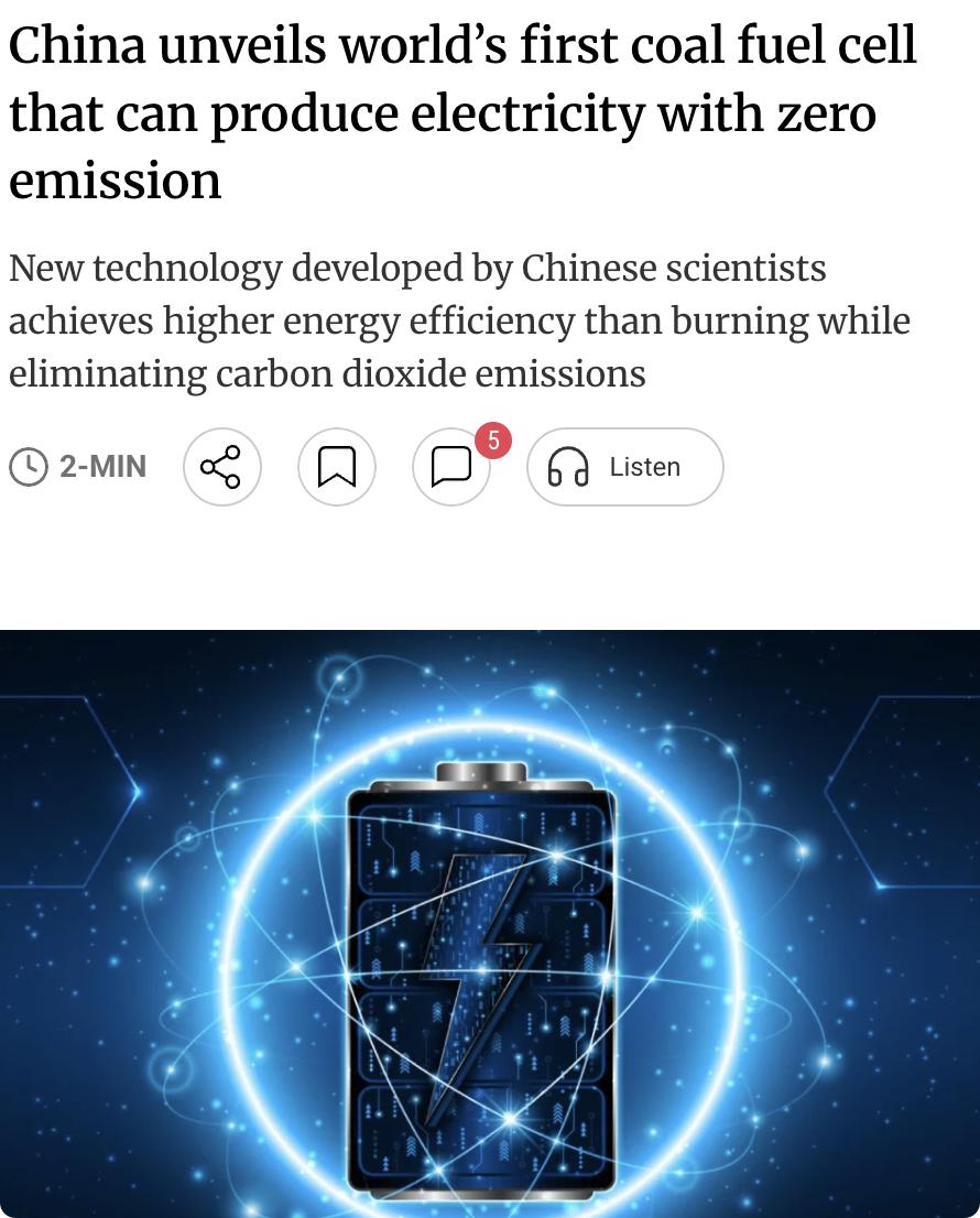 外媒：中国科学家研发出全球首个零碳排放直接煤炭燃料电池（ZC-DCFC），由中科