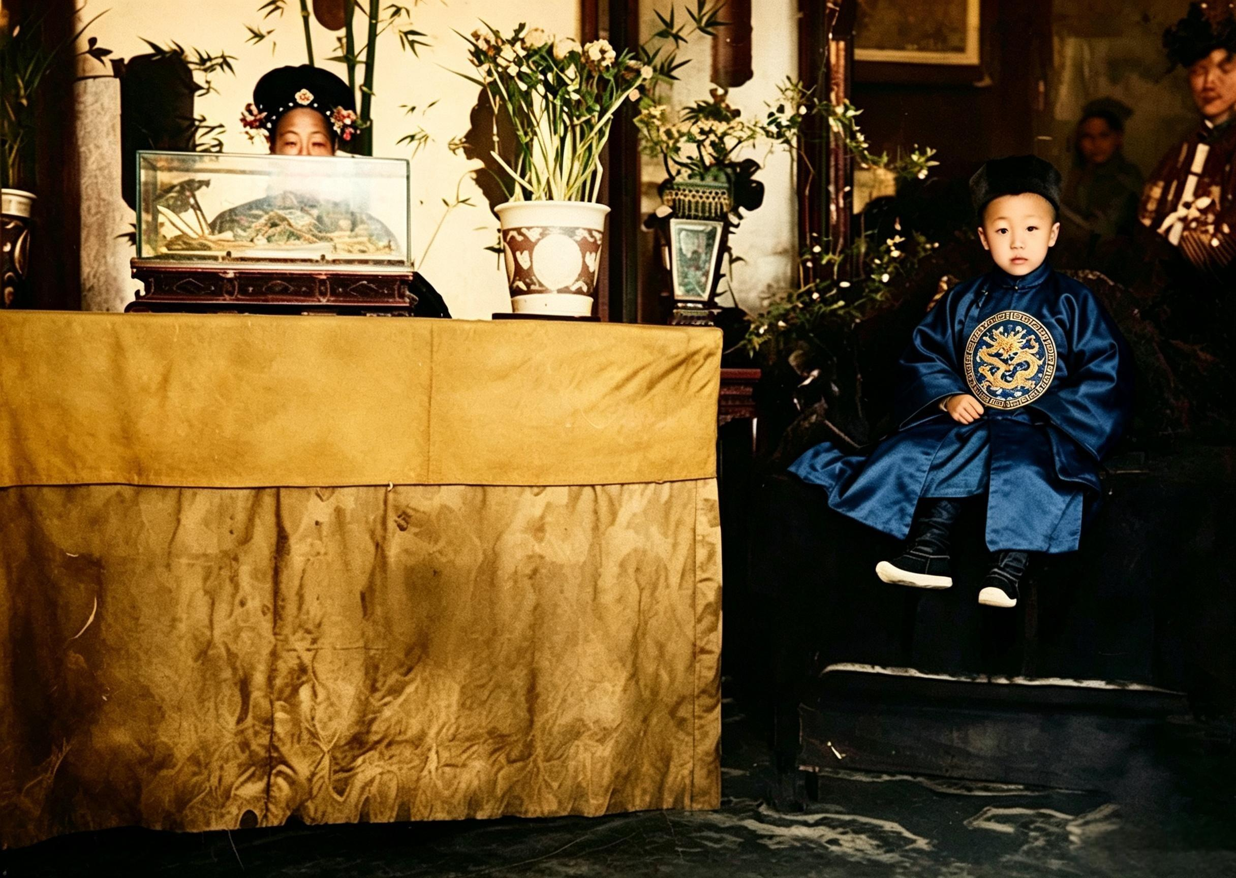 1908年，光绪帝去世，三岁的溥仪被抱进宫中继位。按照当时的宗法安排，溥仪既承继同治一系，又兼承光绪