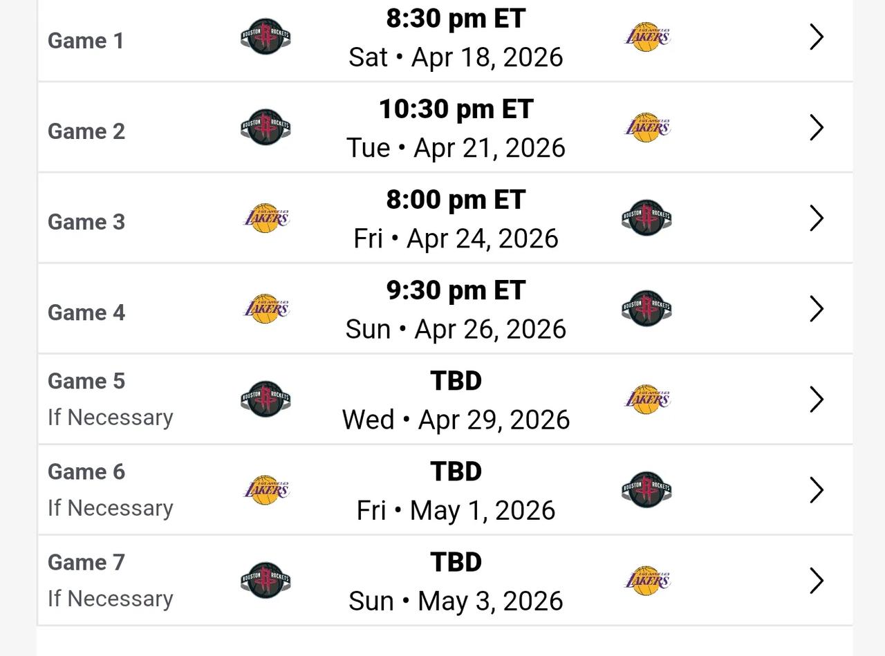 火箭和湖人的首轮比赛时间出来了，图片上的是美国时间，如果换算成北京时间的话，那就