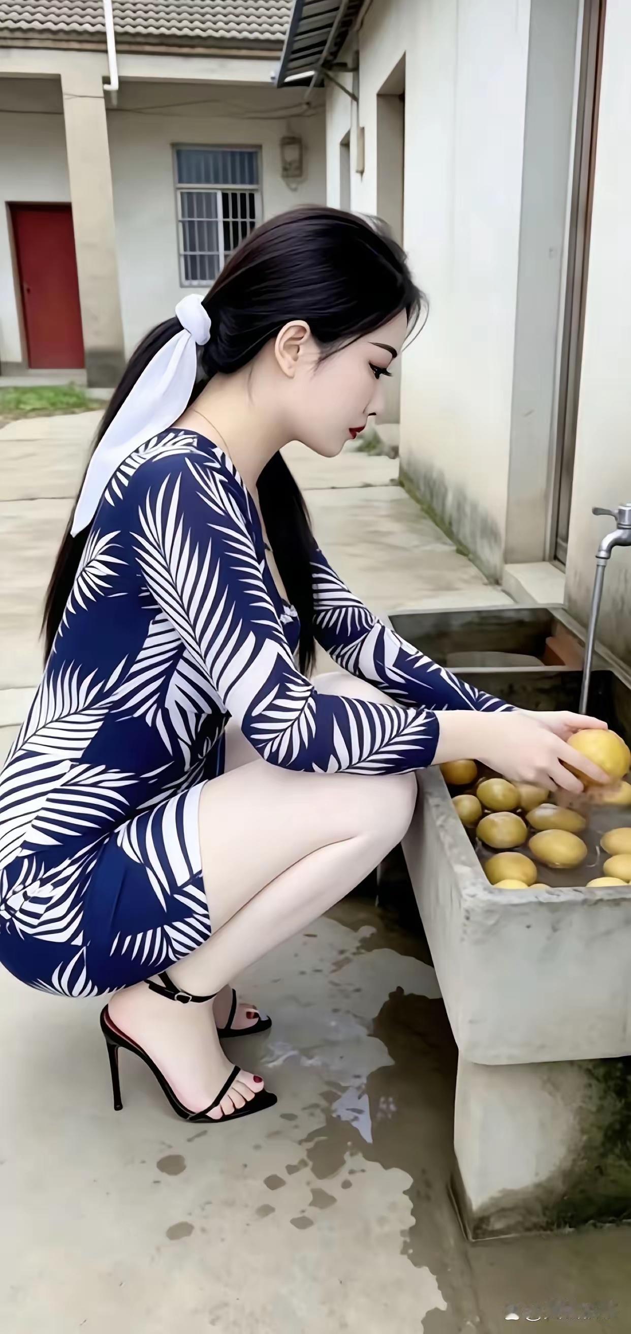 回乡忘自我，井台洗水果。拿到集市卖，生意必然火。