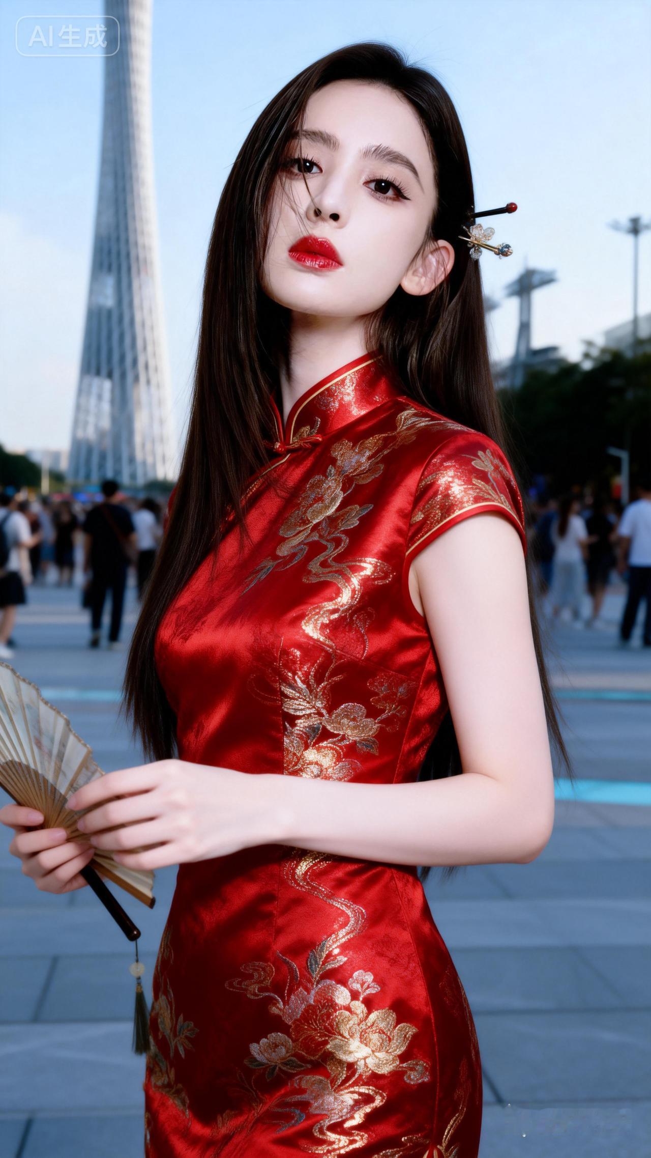 红衣美人手持折扇，背景是现代高楼，古典与现代的完美融合。