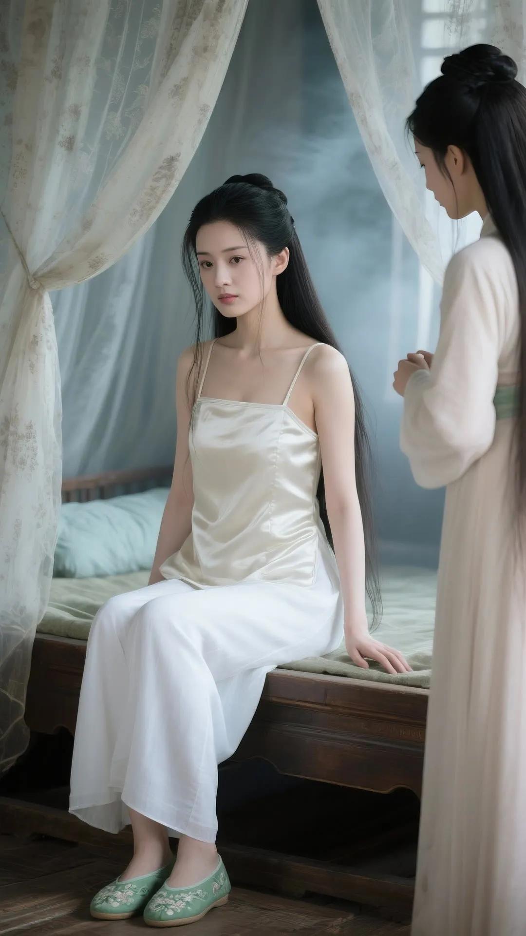 古风少女，静坐床边，轻纱飘逸，梦回古代。