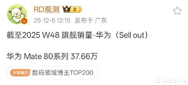 华为Mate80系列首月销量破37万台，备货约900万。标准版4699元起，较