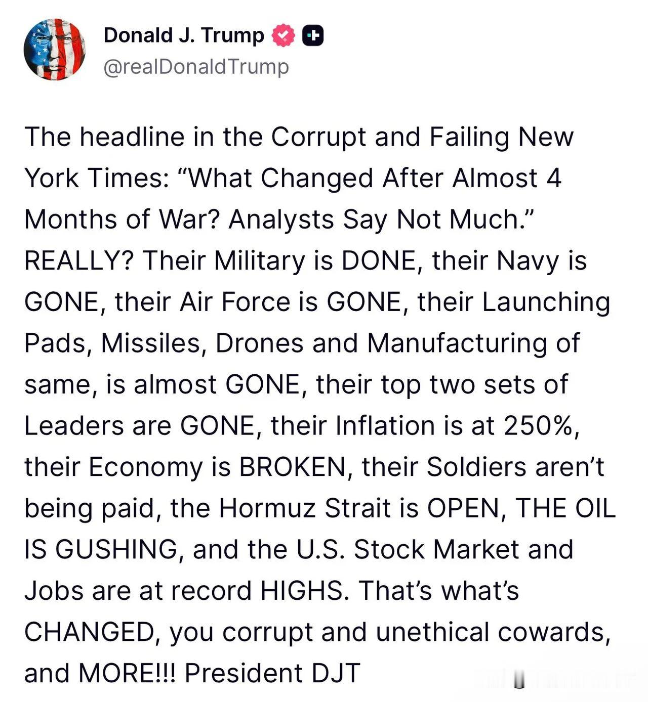 美国总统唐纳德·J·特朗普在不久前于TruthSocial上的一篇帖子中，回应了