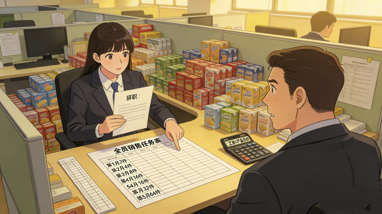 公司推行“全员销售”政策，无论技术、行政还是前台，每人每月必须卖出至少两件产品，