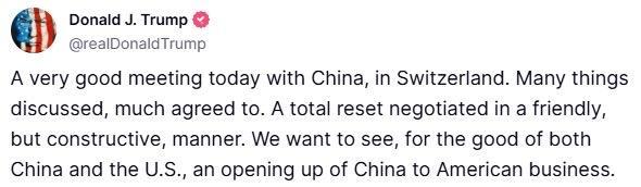 特朗普发帖称与中国谈判达成了许多共识：“今天在瑞士与中国举行了一次非常愉快的会