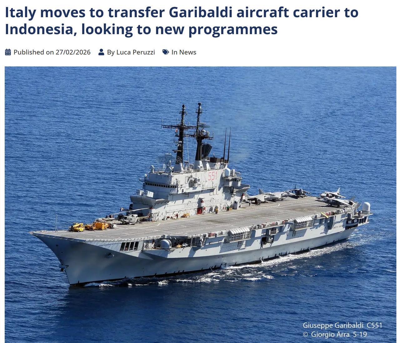 预计10月5日抵达印尼，意大利将“加里波第”号航母“无偿赠送”给印尼，但印尼需承
