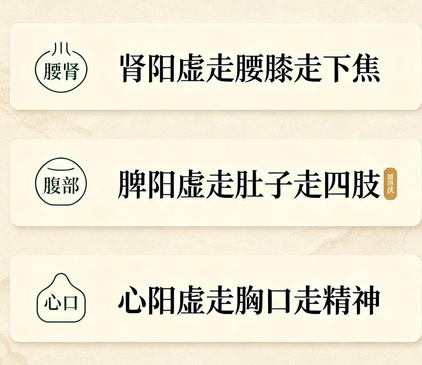 中医不传之秘：肾阳虚走腰膝走下焦、脾阳虚走肚子走四肢、心阳虚走胸口走精神，3种不