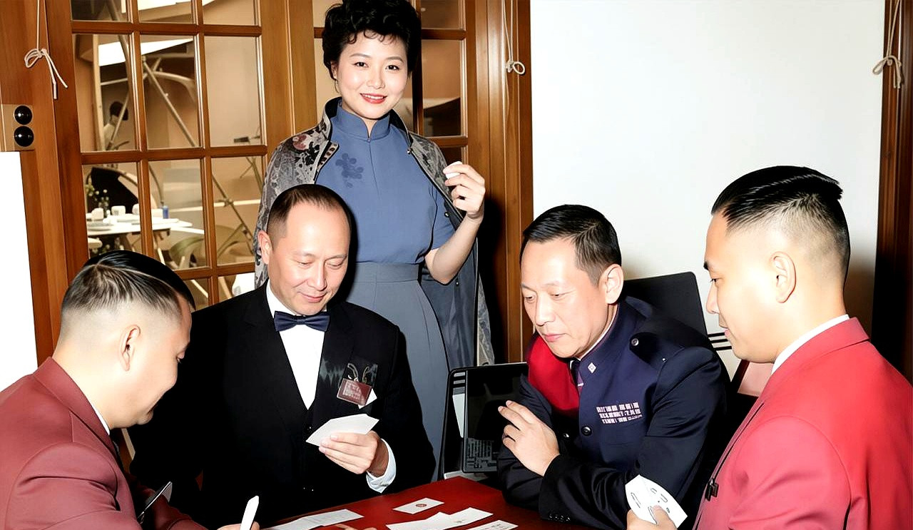 1955年，何应钦和同事家中打牌的合影，身边还坐着几位打扮时髦的女性，那神态，那