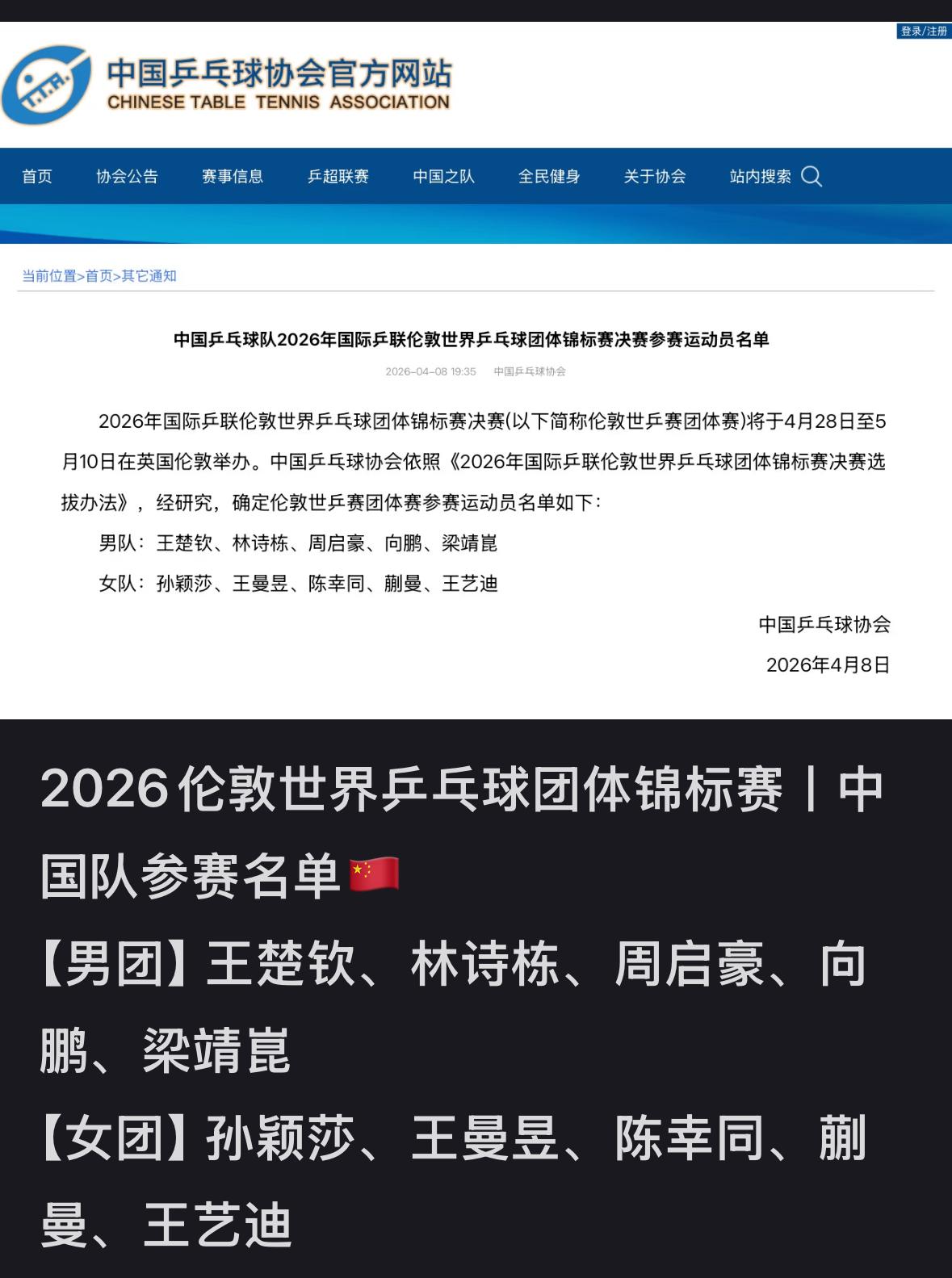 国乒教练组深思熟虑后公布2026伦敦世乒赛参赛名单，就知道男队最后一个参赛名额