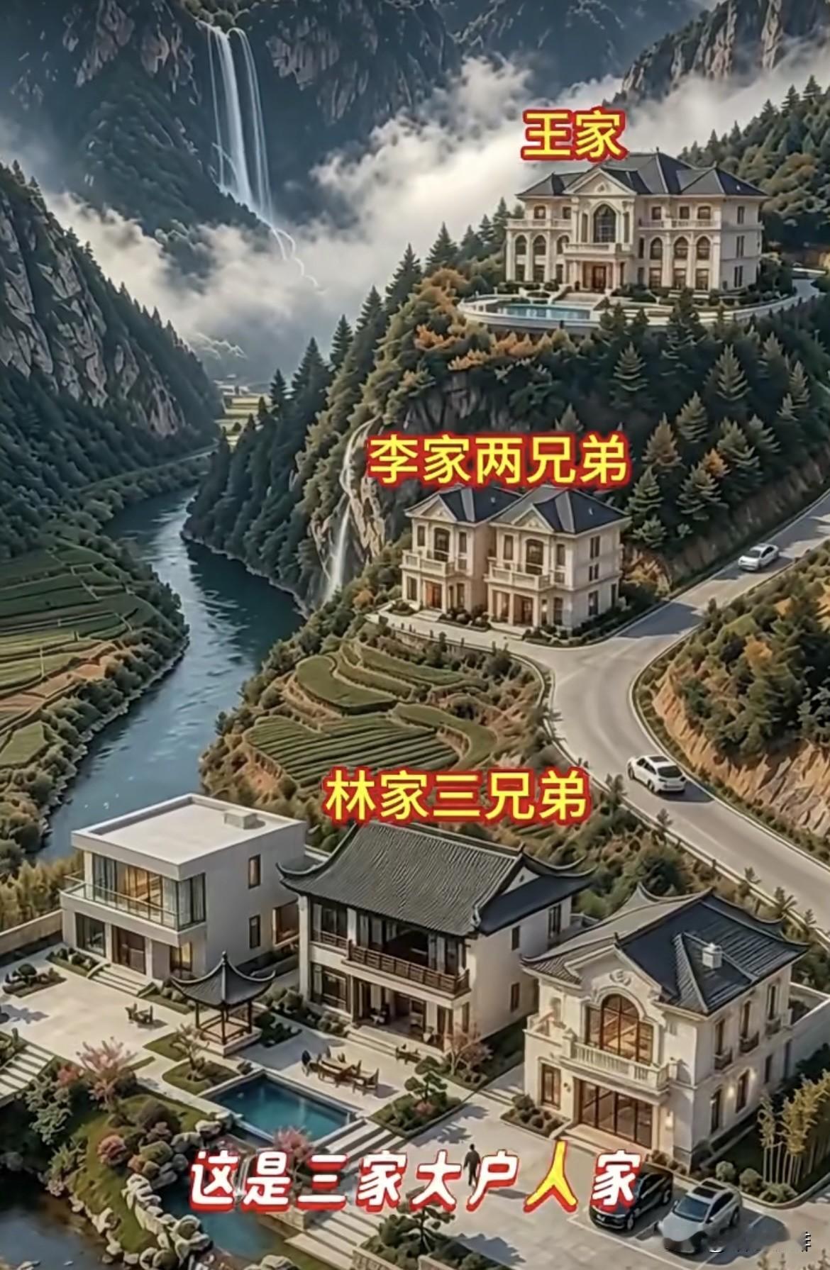 山谷三栋宅院，分别在三处地方选择建房🏠你觉得哪一套才是理想归宿⁉️