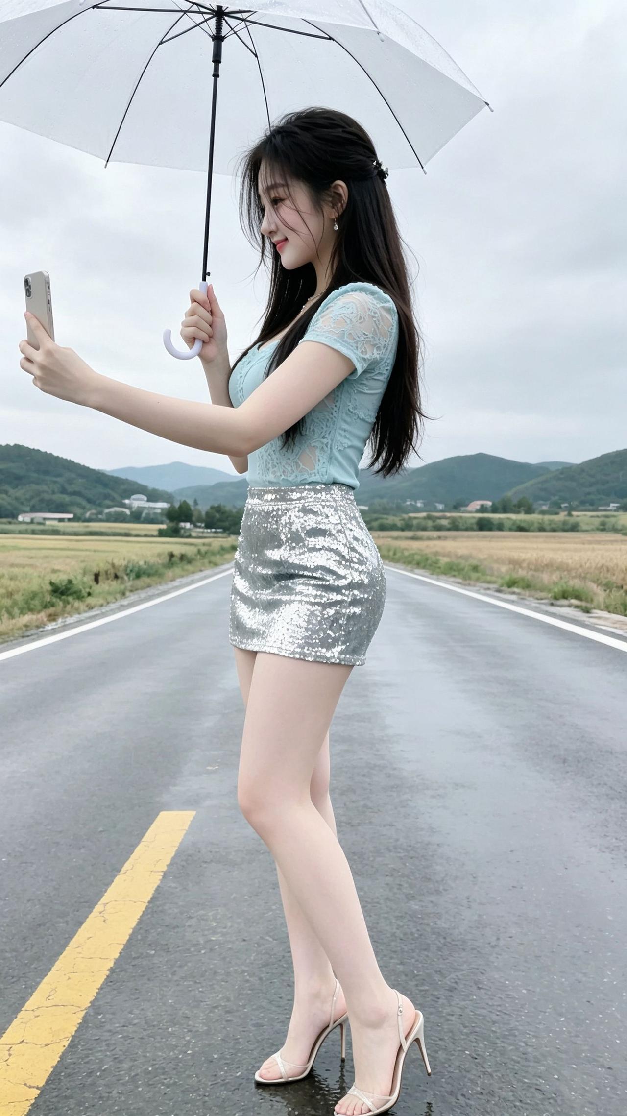 AI雨中美腿穿搭雨天拍摄秀身材穿搭小姐姐