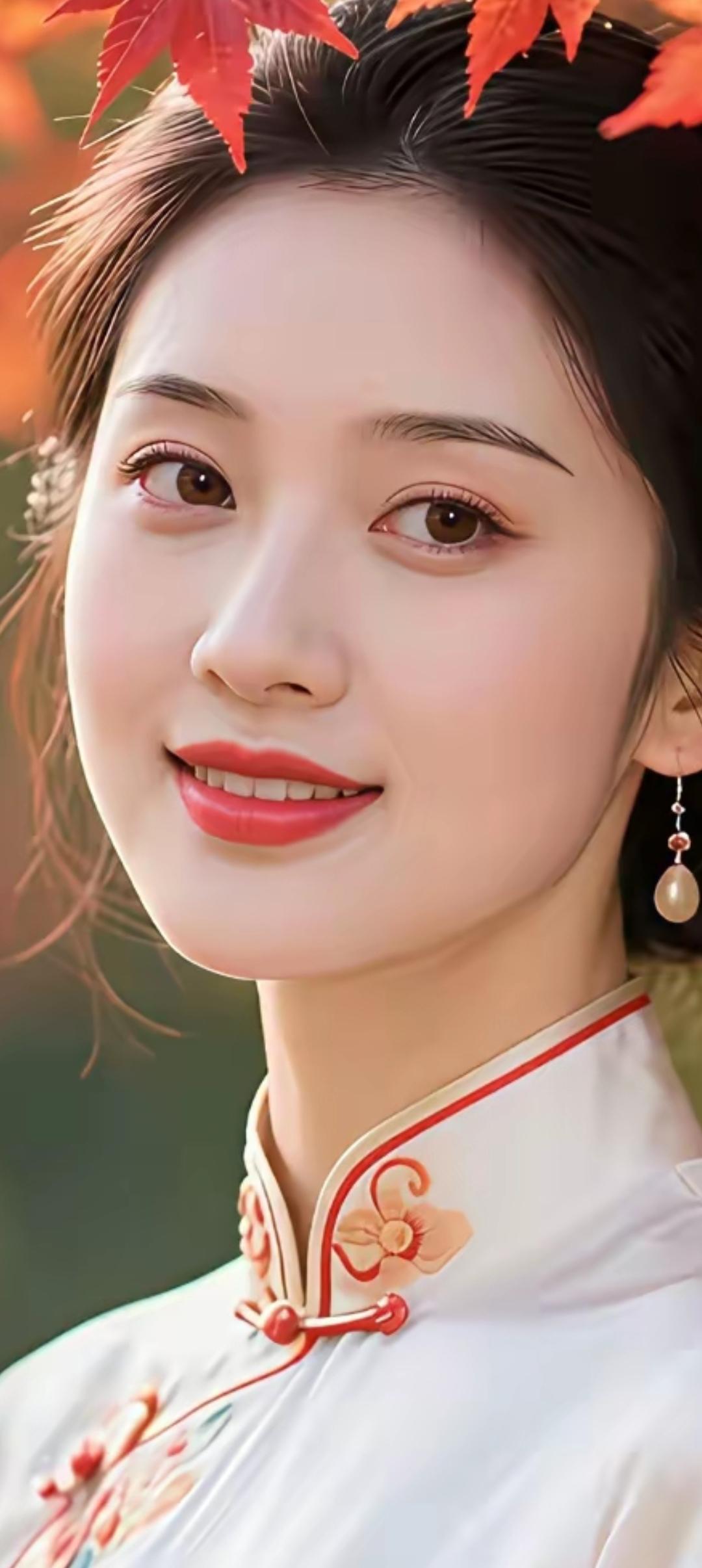 秋日暖阳下的古典美人，红叶点缀发间，温婉动人。