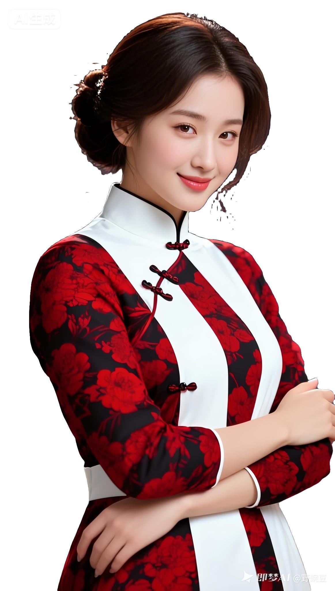 东亚佳人棕黑浓发挽成利落低盘发，无刘海衬紧致细腻肌肤，身着白袖红印花盘扣旗袍，放
