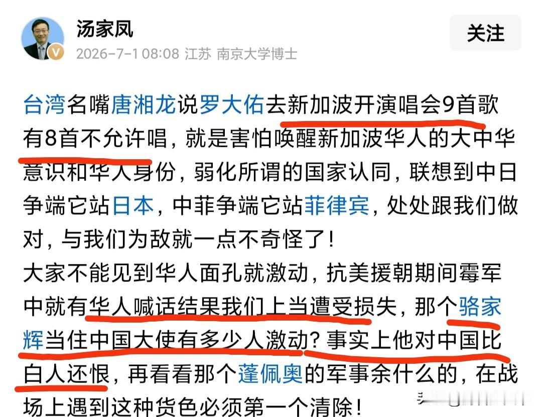 汤家凤教授提醒，不要一看见华人面孔就激动。他举了几个例子，说罗大佑当年去新加坡
