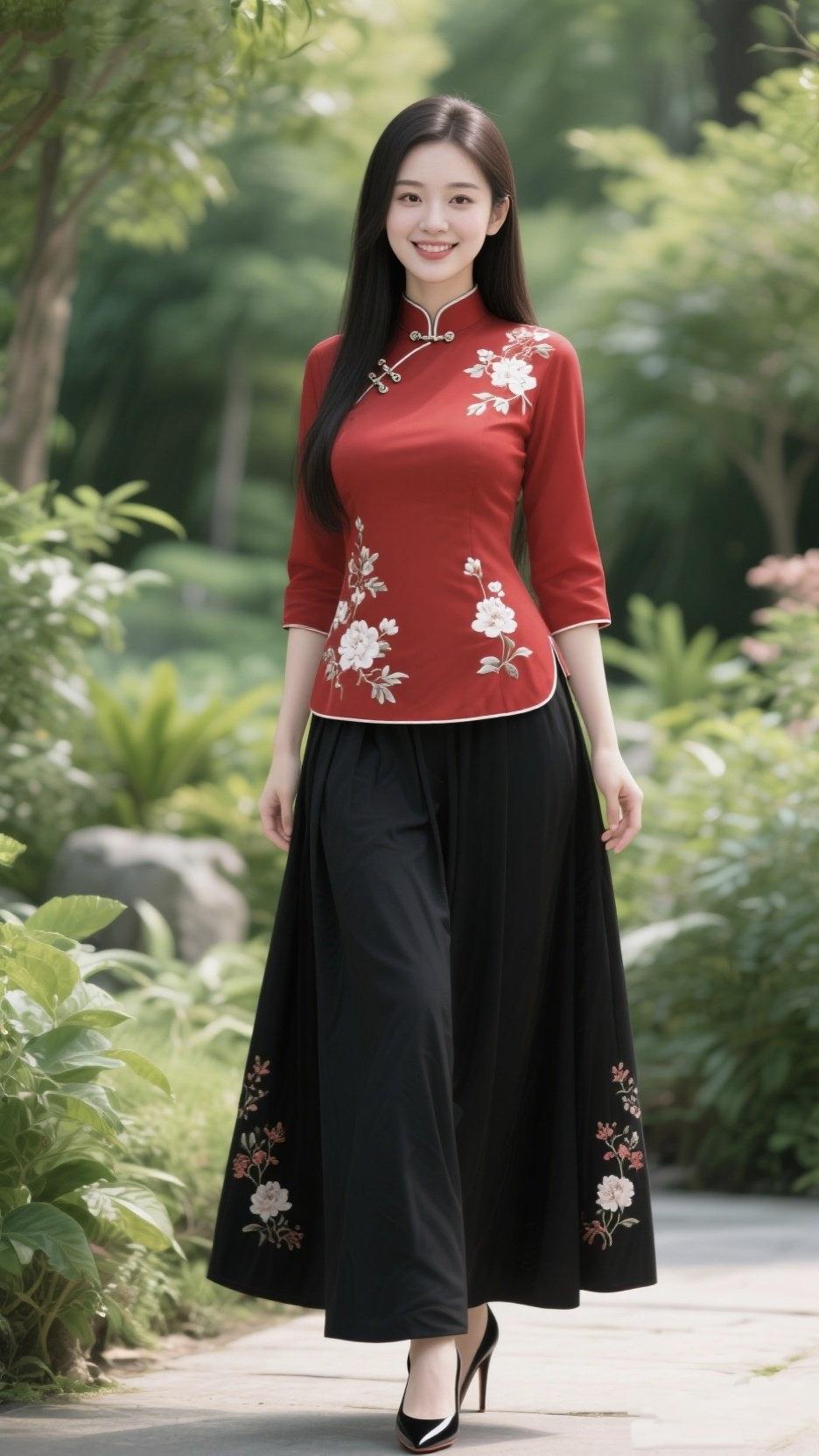 《红衫青影》朱红立领，盘扣轻锁白梅绣在衣襟，如心事初绽七分袖挽起，藏着
