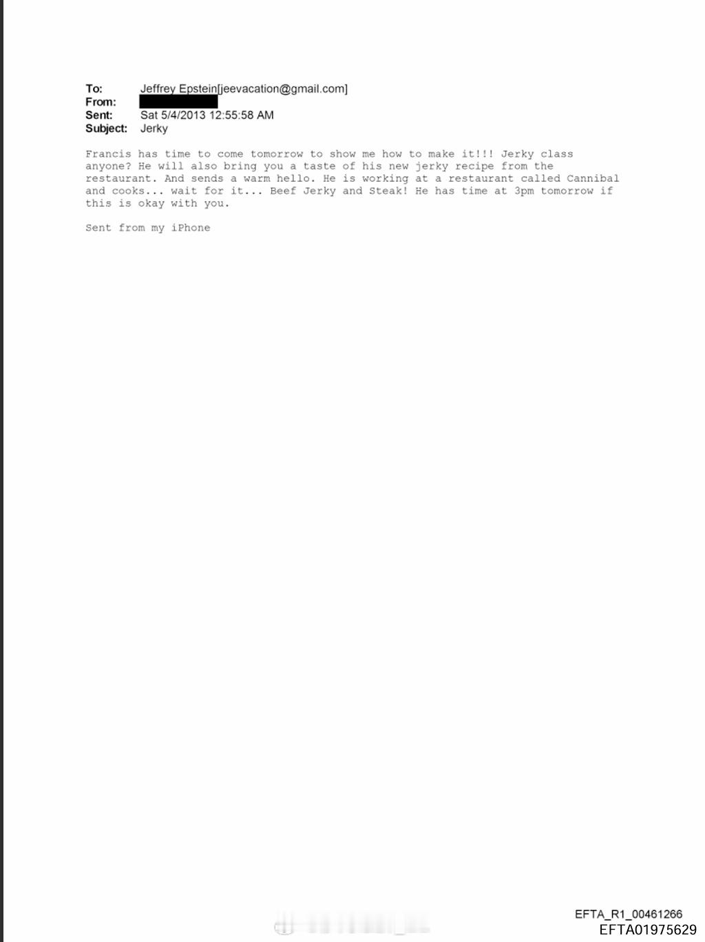 2013年5月，有人在老牌餐厅“食人族”为杰弗里·爱泼斯坦组织了一堂烹饪课