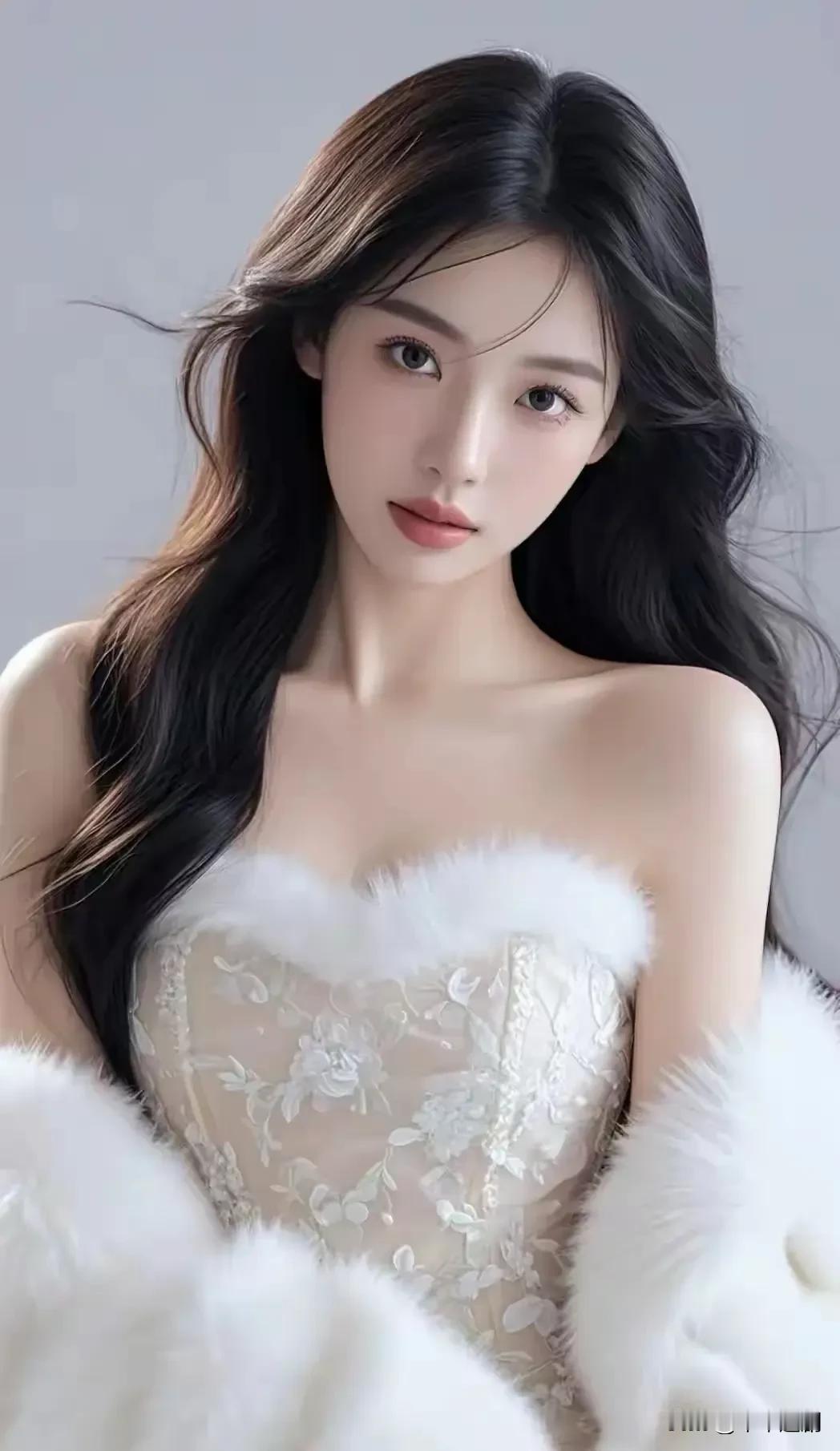 绒絮裹着纱裙的柔，黑发随轻晃漫过肩。眼波轻落时，连空气都浸了点软而亮的甜。